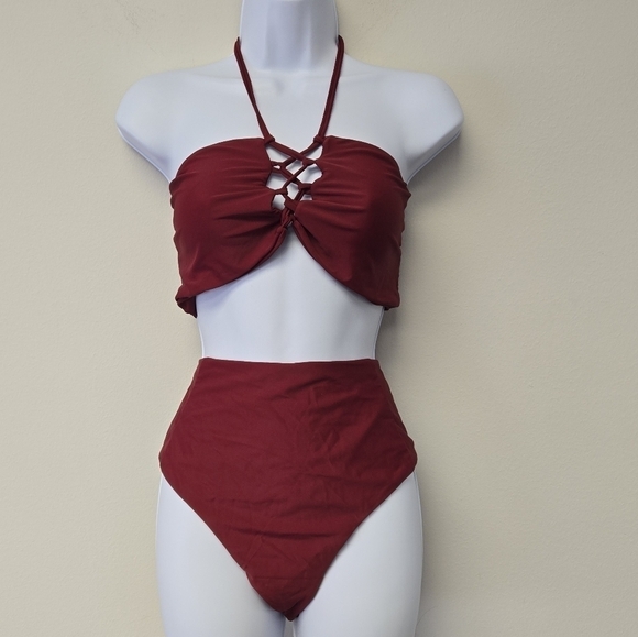 Zaful Bandeau High Waisted 2 pc Bikini Set Red L / 14 - Picture 7 of 7